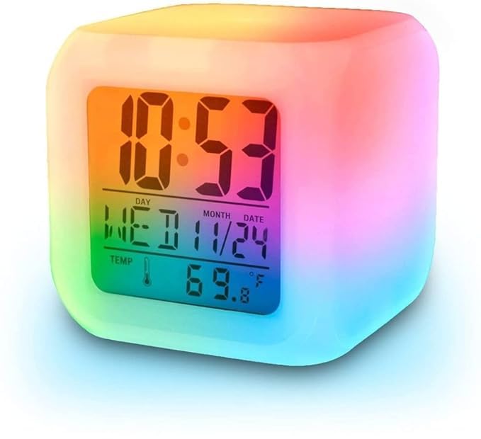 Plastic 7 Color Changing Glowing LED Digital Alarm Desk Clock Night Table Watch AC/Battery Operated Temperature/Day/Month/Date/Time/Alarm