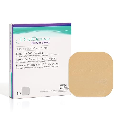 convatec duoderm extra thin control gel formula 4"x4" hydrocolloid sterile adhesive dressing for superficial wounds, low friction, latex-free, waterproof, square, beige, 10ct box