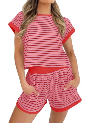 Tankaneo Womens 2 Piece Lounge Sets Striped Knit Short Sleeve Shirts and Shorts Sets Casual Summer Outfits Pink