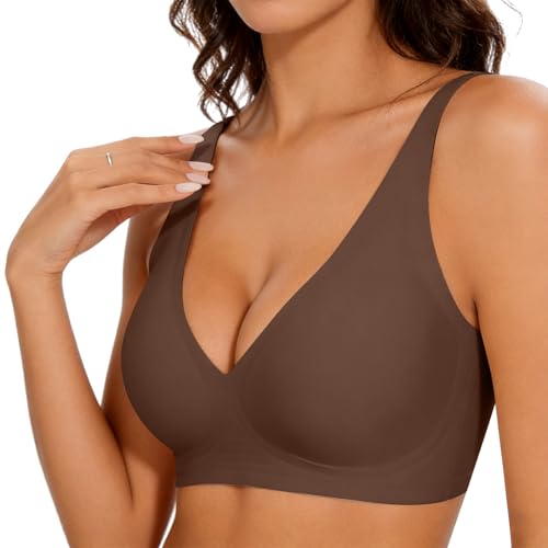 Mayoii Jelly Bra for Women, Push Up Wireless Bra, Seamless Non Wired Everyday Bra, Soft Ice Silk Comfort T‑Shirt Bra, Plus Size Full Coverage Support Bras (UK, Alpha, L, Regular, Regular, Brown)