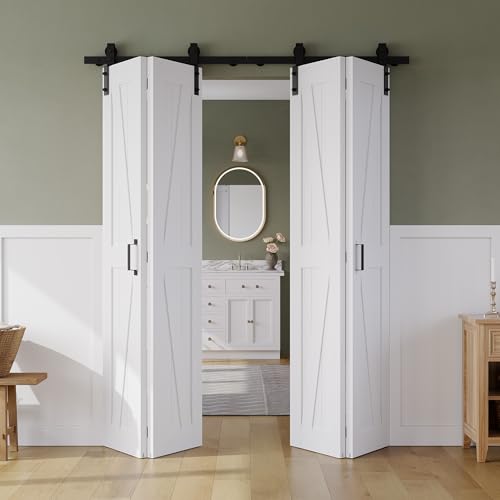 60" x 84" Bifold Sliding Barn Door, K Shaped Panel with Sliding Hardware Kit Set, Finished Closet Door Slab, 5.66FT Track for 4 Doors, MDF, White 60"(30"x2) x 84" White