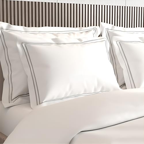Image of Pure Cotton 500 TC Pillow Cover Set | Greek Embroidered Pillow Cover Set | Percale Weave | 18 X 27 Inches (2, White - Silver)