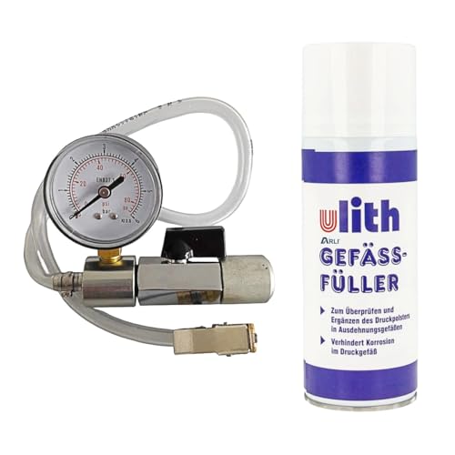 ARLI Gefäßfüller 400ml brennbar FCKW frei inkl. Anschlussadapter mit Absperrvorrichtung und Manometer für Membran Ausdehnungsgefäße Set (1 Dose + 1 Adapter)