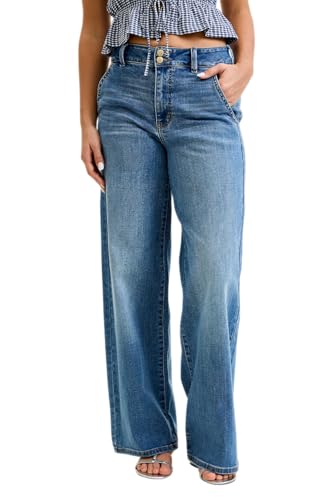 Judy Blue Womens Jeans - High Waisted Column with Trouser Styling (Multiple Inseam Options) (11/30 Medium Blue)