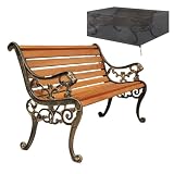 Mfallon Outdoor Park Garden Bench with Cover, 2-3 Person Wood Patio Bench with Backrest+Armrests Weatherproof, Patio Porch Furniture Cast Iron Frame Bench for Lawn Porch Backyard(Teak+Antique Bronze)