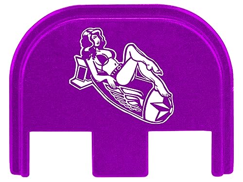 NDZ Performance Gen 5 Slide Cover Back Plate for Glock 17 19 19X 22 23 26 27 34 45 9mm .40 S&W Laser Engraved Popular Images in Purple Aluminum - Bomb Pinup Girl 1
