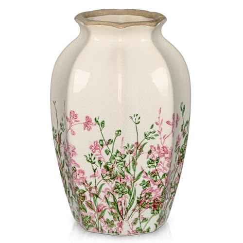 Hollyone Large Vintage Ceramic Vase 9.4" Tall Pink & Green