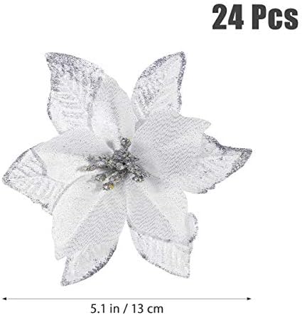 NUOBESTY Christmas Glitter Artificial Flowers, Poinsettia Flowers Xmas Tree Hanging Ornament for Christmas Wreath Wedding Party Decoration Silver 24pcs