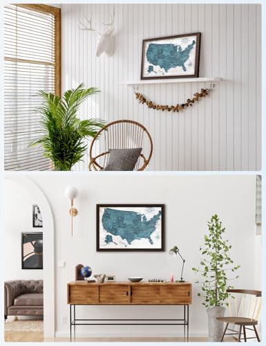 Image of IPIC - Custom USA Map Wall Art, Push Pin Travel Map with Custom Names to Track Your Travels, Vintage Teal Farmhouse Style Framed Canvas Wall Decor for Home, Office or RV, Ready to Hang