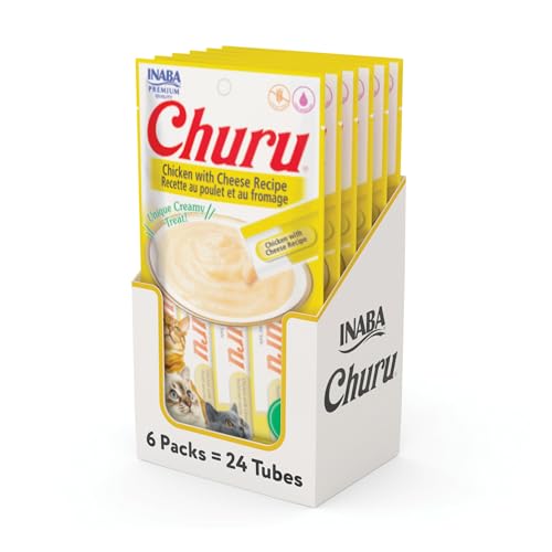 Image of INABA Churu Cat Treats, Lickable, Squeezable Creamy Puree Cat Treat with Green Tea Extract & Taurine, 0.5 Ounces Each Tube, 24 Tubes (4 per Pack), Chicken with Cheese Recipe
