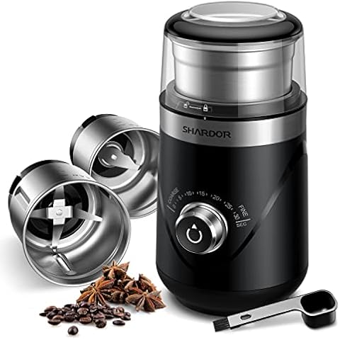 SHARDOR Adjustable Coffee Grinder Electric, Herb Grinder, Spice Grinder, Coffee Bean Grinder, Espresso Grinder with 2 Removable Stainless Steel Bowl, Black Cover