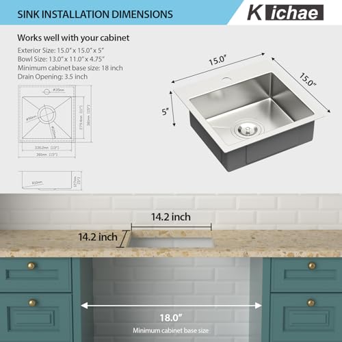 Image of 15x15x5 Drop In Bar RV Sink 16 Gauge Stainless Steel ADA Compliant | 15 Inch Overmount Topmount Kitchen Sink Single Bowl Low Depth Round Corner Handmade Basin with Rack & Bottom Grid