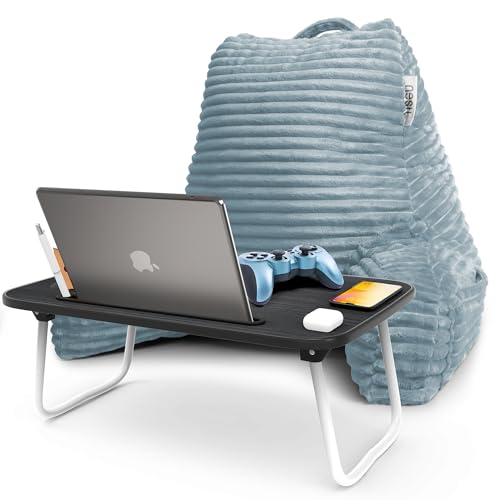 Image of Nestl Stone Blue Reading Pillow with Bed Desk for Laptop and Writing, Luxe Cut Plush Back Pillow for Sitting Up, Back and Arms Adjustable Support for Adult and Teens, Foldable Lap Desk for Bed 22x14 inch