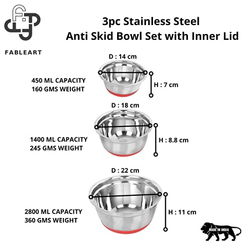 Image of Stainless Steel Anti Skid Mixing Serving Storage Bowl with Inner Lid; Red; Set of 3 Pcs; 450ml, 1400ml, 2800ml Respectively