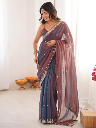 Image of AKHILAM Women's Shimmer Chiffon Sequence Embroidery Saree With Unstitched Blouse Piece(AARYAN21601 KR Parent)
