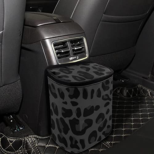 Image of Black Leopard Car Trash Can, Waterproof Car Garbage Can with Lid and Zip Clouse, Leak Proof Portable Car Trash Bag Hanging Vehicle Organizer