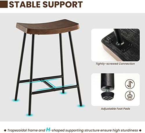 TANGZON Set of 1/2 Bar Stools, Steel Frame Wooden Contoured Saddle Seat with Footrest & Adjustable Foot Pads, Counter Height Breakfast Dining Chair for Kitchen Pub Cafe (1, 41 x 31 x 62cm, Backless)