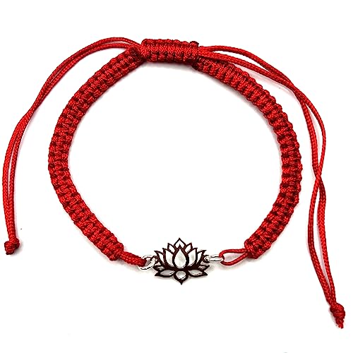 PULSERA MACRAME FLOR DE LOTO EN PLATA DE LEY (ROJO)