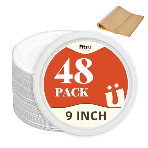 Fitsu Compostable Plates with Grease Proof Liners 48 Pack 9 Inch White Biodegradable Plates PFAS-Free Heavy Duty Sugarcane Alternative Microwave Safe for Parties