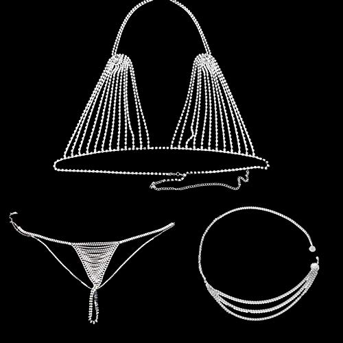 NOLOGO Hytx-mhp Valentine's Day Luxury Rhinestone Crystal Body Chain Necklace Bra and Thong Sexy Lingerie Underwear Waist Chain Body Jewelry (Color : Gold, Size : Three pcs)