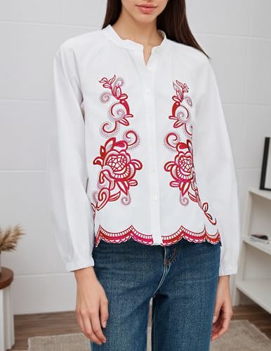 Women's Floral Embroidered Tops Boho Long Sleeve V Neck Button Up Shirt Fall Casual Blouses3