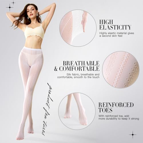 MANZI Women's Hollow Out Knitted Patterned Tights White Lace Fishnet Stockings Vertical Strips Pantyhose with High Waist