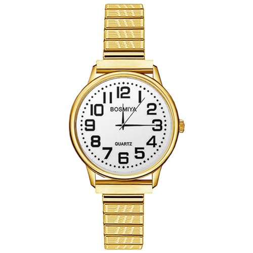OIDEA Women's Easy Reader Watch: Large Face Clear Number Elastic Strap Analog Quartz Wrist Watches for Women Waterproof Ladies Watch White Dial Face Gold Stainless Steel Band