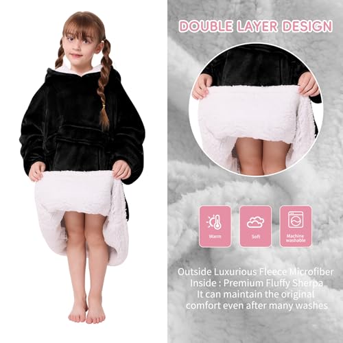 yescool Wearable Blanket Kids Hoodie, Birthday Teen Girls Gifts for 8-15 Year Old Kids Oversized Sweatshirt Sherpa Flannel Cozy Hooded Blanket with Pocket for Children, Youth Teens, One Size, Black