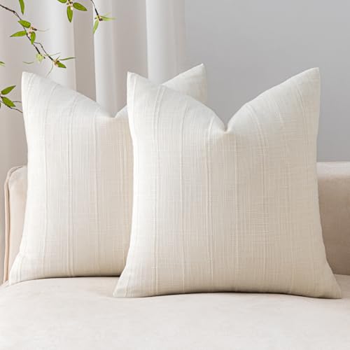 SINYASAN Soft Linen Striped Throw Pillow Covers 18'x18' Set of 2, White Textured Decorative Pillow Cases for Sofa Bedroom Modern Organic Cushion Covers Neutral Boho Farmhouse Home Accent Decor
