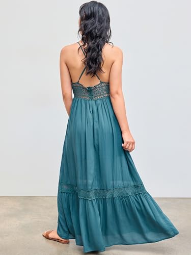 CIDER Maxi Dress for Women V Neck Solid Lace Trim Tiered Dress Beach Vacation Daily Casual High Waist2