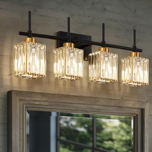 Torondo Modern Crystal Bathroom Vanity Light 4-Lights Gold Bathroom Light Fixtures Over Mirror Black and Gold Vanity Lighting Fixtures Gold Square Shade Brass Wall Sconce (Bulbs Not Include)