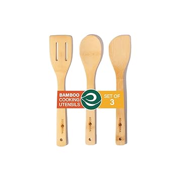 ECO SOUL [Set of 3] Bamboo Cooking Utensils | Non-Stick Wooden Spoons, Ladles & Turners | Bamboo Wood Kitchen Accessories for Cooking, Serving, Mixing | USDA Certified