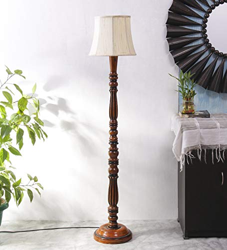 Image of AMDHOME Cylindrical Drum Floor Lamp with Wooden Base - Height 57 Inches, Buttermilk | Modern Standing Lamp for Home, Living Room, Bedroom & Office | Elegant Lighting Decor | Cotton