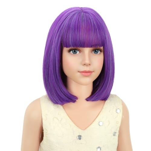 Image of PATTNIUM Dark Purple Bob Wig for Kids Child Short Dark Purple Wigs with Bangs Cosplay Party Synthetic Rose Net Daily Wear Wigs