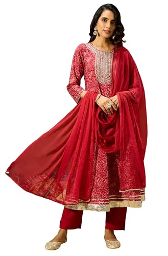 Kurta Anarkali bordeaux en pur coton Janasya avec broderie élégante pour femme