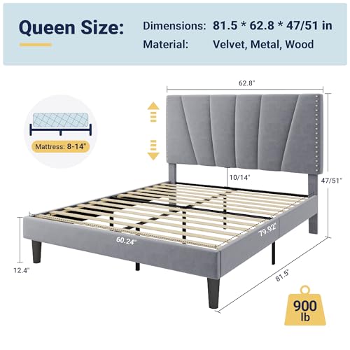 Image of Allewie Queen Size Velvet Platform Bed Frame with Adjustable Headboard Grey | Height-Adjustable Velvet Headboard, Rivet-Style Nailhead Trim, Wooden Slat Support, No Box Spring Needed, Easy Assembly