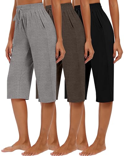 Riyiper 3 Pack Women Capri Pants, Causal Drawstring Lounge Yoga Capri Sweatpants Loose Wide Leg Crop Jogger Pant with Pockets2