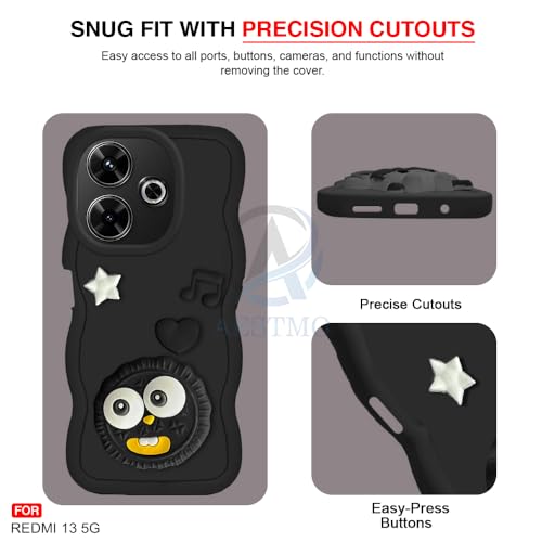 Image of AESTMO Back Case Cover for Redmi 13 5G | 3D Cute Fun Cartoon Characters | Anti Slip Grip Cute Wave Curly Frame Shape | Full Body Protection | Camera Protection Back Cover for Redmi 13 5G (Black)