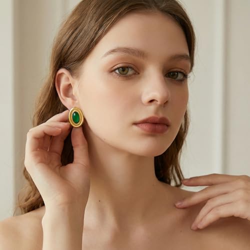 Catuni Vintage Green 18K Gold Plated Earrings Chunky Statement Earrings for Women Oval Stud Non Tarnish Stainless Steel by Catuni - Image 5