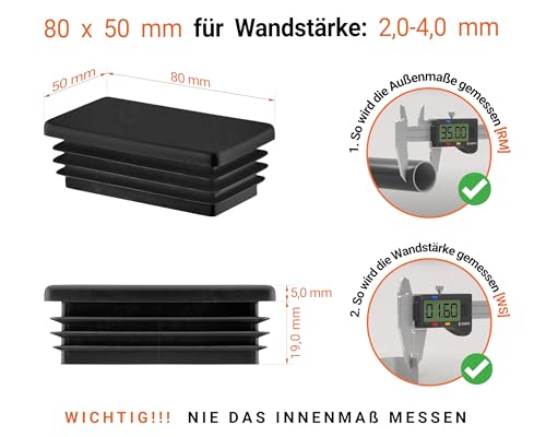 EMFA Lamellenstopfen 80x50 mm für Rechteckrohr – Schwarz Kunststoff Rechteckstopfen 50x80 – Endkappen Rohrstopfen 8x5 cm - 4 Stück
