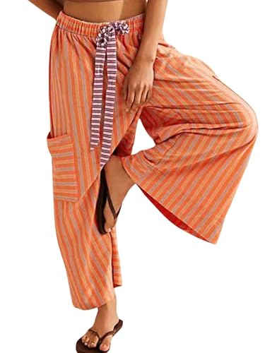 ebossy Womens Drawstring Striped Palazzo Pants Colorful Wide Leg Trousers Y2K Flowy Beach Pants with Pockets