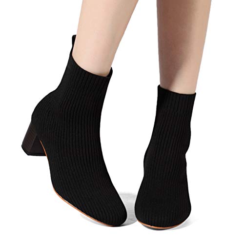 GATUXUS Women's Glove Chunky Mid Heel Ankle Boots Pointed Toe Knit Sock Style Booties Casual Warm Shoes2