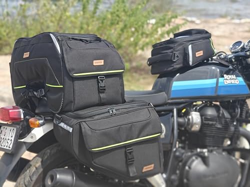 Image of GUARDIANGEARS Sidekick Sports 50Ltrs Saddlebags with Waterproof rain Covers for All Motorcycles with a Saddle Stay Installed.