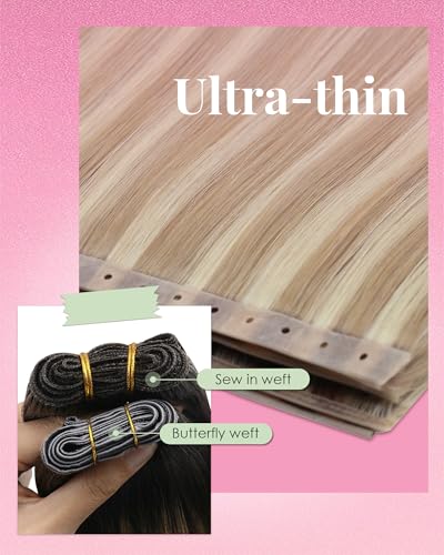 Image of YoungSee Butterfly Weft Hair Extensions Blonde Highlights, 18 Inch 100g Butterfly Hair Wefts Human Hair, Strawberry Blond with Bleach Blonde, Weft Hair Extensions Real Human Hair for Women