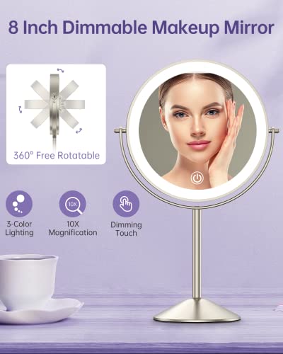 Gospire 8" Lighted Makeup Mirror with Magnification 10X/1X, 3 Color Lights & Dimmable Lighting, 360° Rotation Double Sided Rechargeable Cordless Vanity Cosmetic Standing LED Mirror for Makeup - Thumbnail 6
