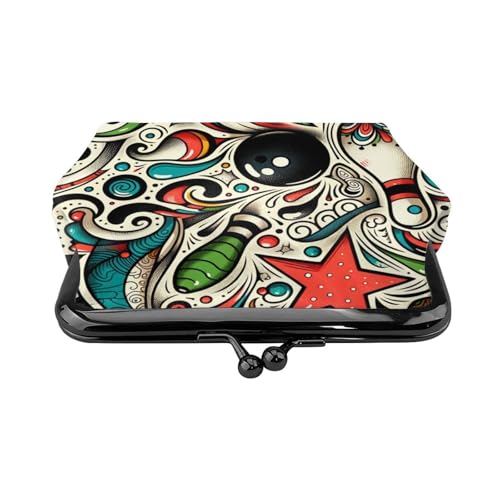 Pu Leather Buckle Coin Purse Abstract-Bowling-Doodles Girls Kiss-Lock Change Purse Wallets2