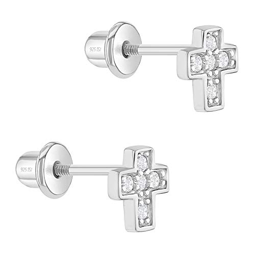 925 Sterling Silver Cubic Zirconia Little Cross Screw Back Earrings for Toddlers & Young Girls - Religious Jewelry Gift for Christening and Baptism - Safety Stud for Little Girls2