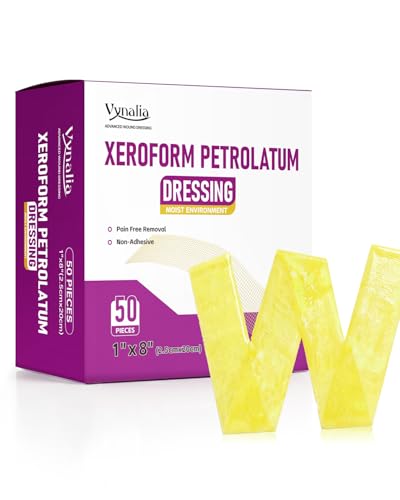Vynalia Xeroform Petrolatum Dressing 1x8 Pack of 50 Non Stick Pads for Wounds Non-Adherent Gauze Fine Mesh Sterile for Wound Care Burns Lacerations Skin Grafts & Surgical Incisions