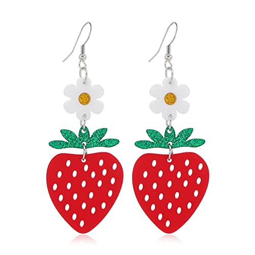 Acrylic Strawberry Dangle Earrings for Women Cute Flower Fruit Lightweight Charms Drop Dangling Fish Hook Stud Hollow-out Birthday Holiday Wedding Christmas Jewelry Gifts for Daughter Niece