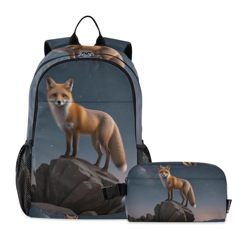 Travel Backpack Lunch Bag Set for Hiking Picnic, Backpacks with Insulated Lunch Box Fox Rock Print